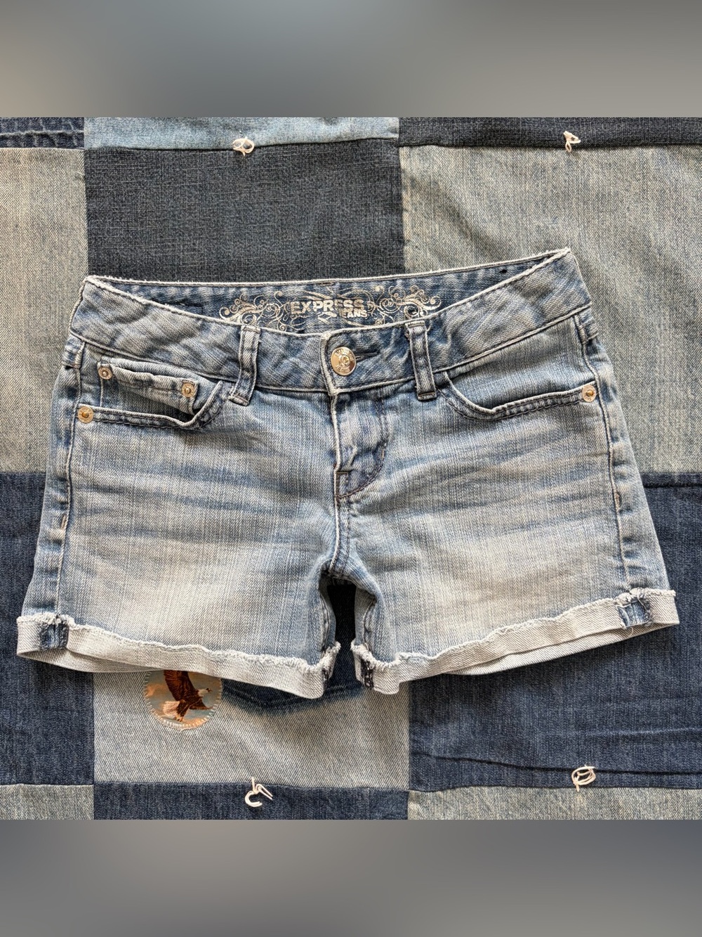 y2k express low rise denim mini shorts sequined embroidered pockets glam size 0